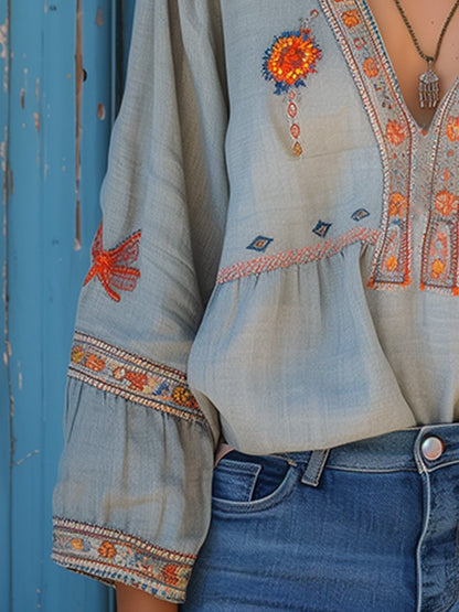 Women's Embroidered Blouse Long Sleeve V-Neck Cotton