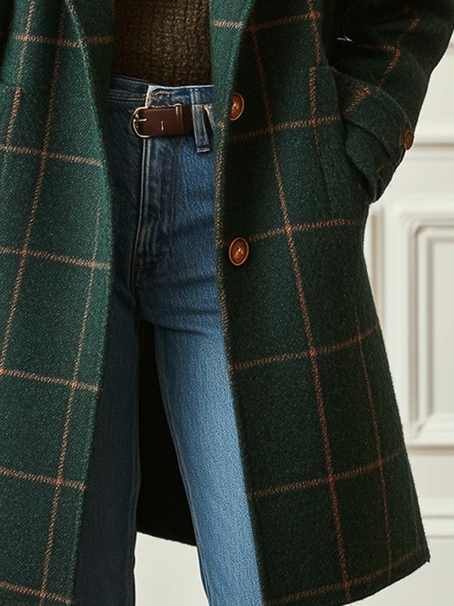 Women's Check Coat Lapel Neckline