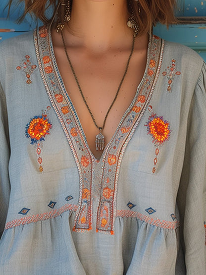 Women's Embroidered Blouse Long Sleeve V-Neck Cotton