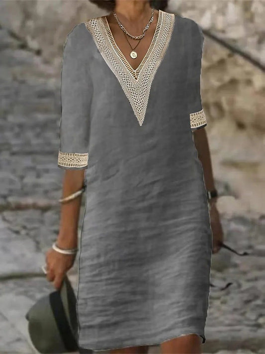 Women's Linen V-Neck Dress With Lace Trim - Fashinoza