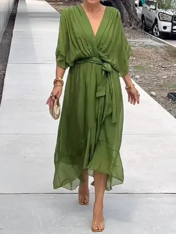 Women's Silk V-Neck Dress Elegant Soft - 
Fashinoza