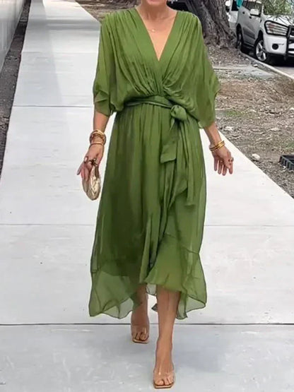 Women's Silk V-Neck Dress Elegant Soft - 
Fashinoza