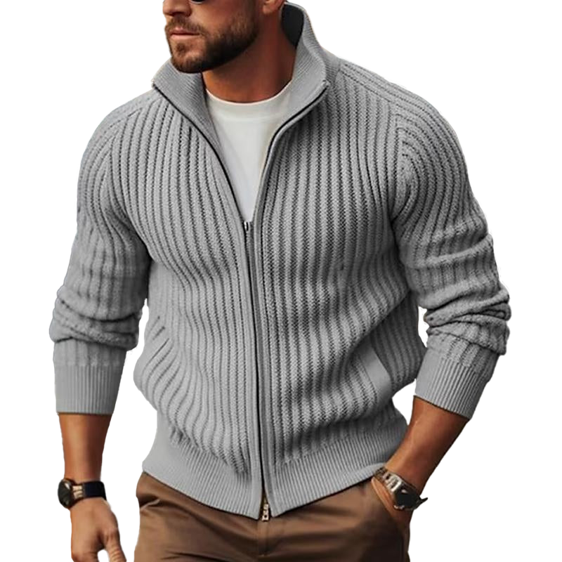Men's Zip-Up Cardigan Ribbed Knit Stand Collar Black