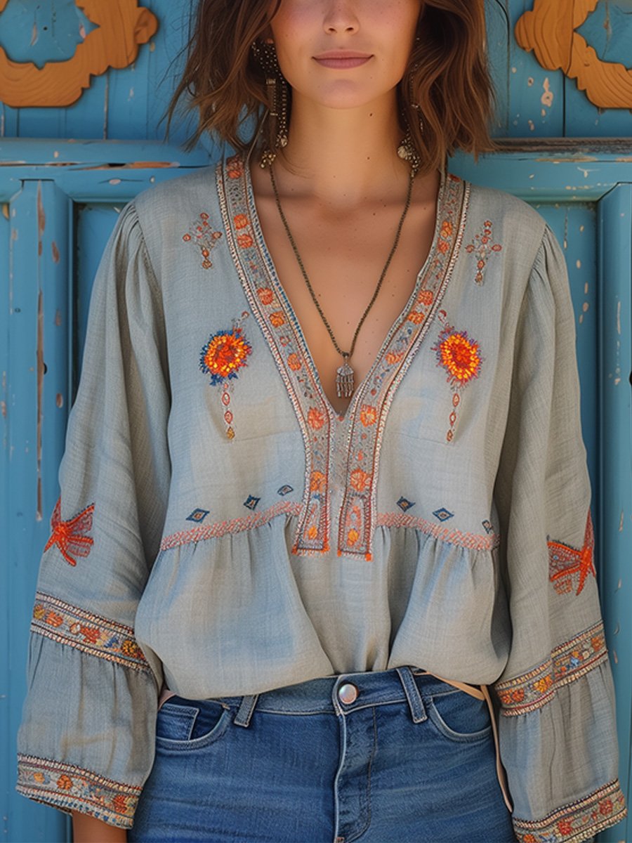 Women's Embroidered Blouse Long Sleeve V-Neck Cotton - 
Fashinoza