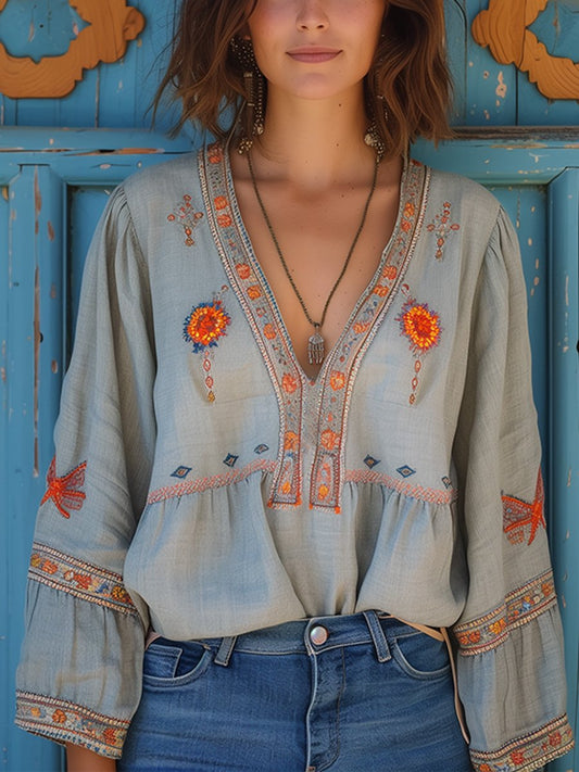 Women's Embroidered Blouse Long Sleeve V-Neck Cotton - 
Fashinoza
