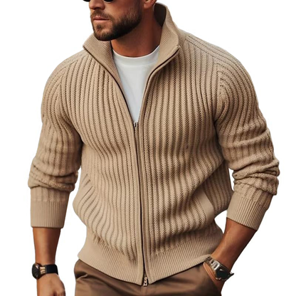 Men's Zip-Up Cardigan Ribbed Knit Stand Collar Black