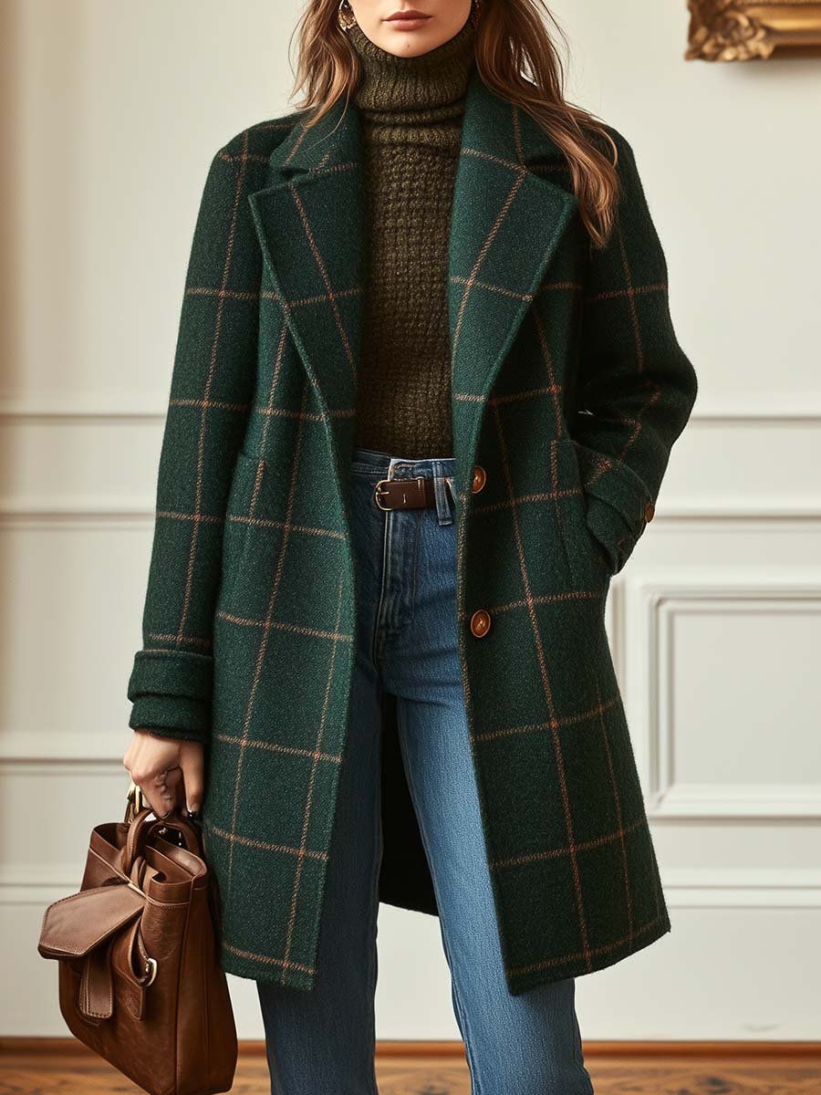 Women's Classic Plaid Wool Coat - Fashinoza