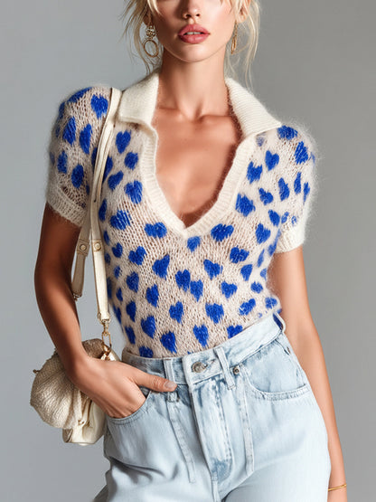 Image of Judie | Women's Heart Print Short Sleeve Sweater Polo Shirt