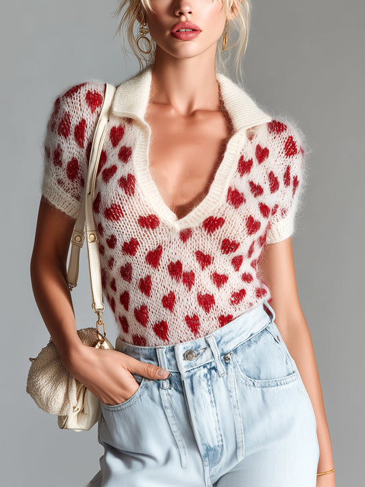 Women's Heart Print Short Sleeve Polo Shirt - Fashinoza