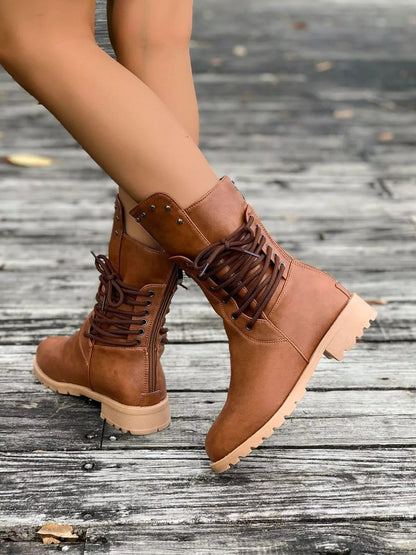 Women's Leather Lace-Up Boots - Fashinoza
