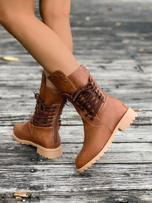 Women's Leather Lace-Up Boots - Fashinoza