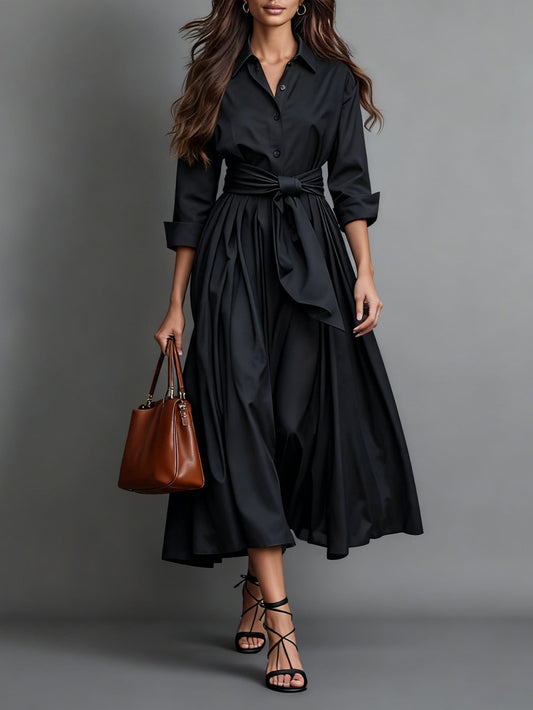 Women's Long Sleeve Midi Dress A-Line Cotton - Fashinoza