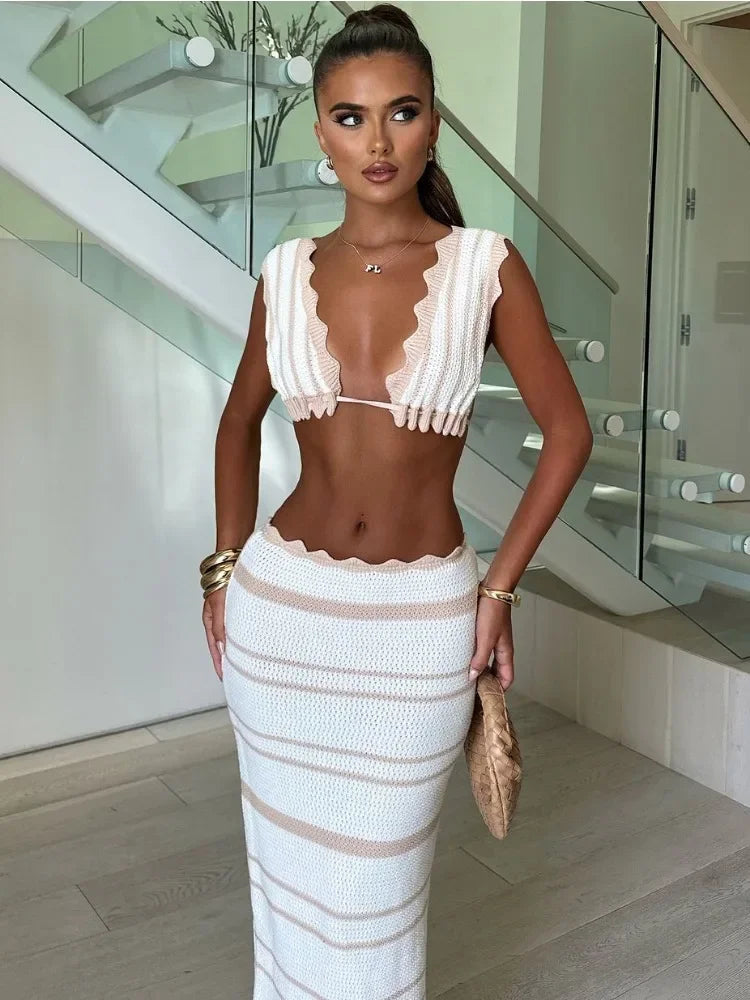 Women's Crop Skirt Set Scalloped Design - Fashinoza