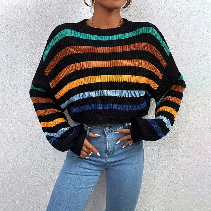 Women's Striped Cropped Sweater - Fashinoza