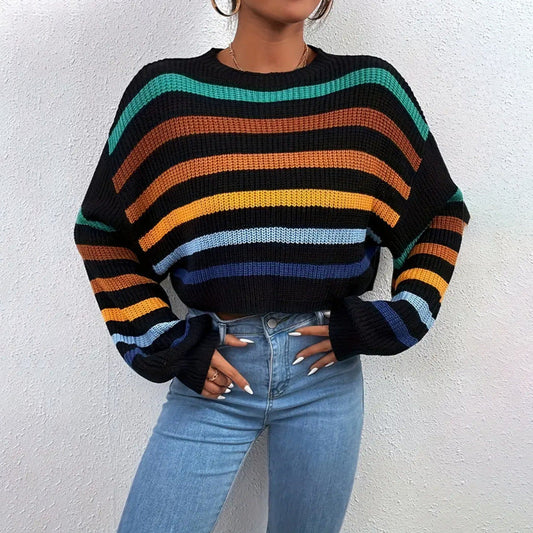 Women's Striped Cropped Sweater - Fashinoza