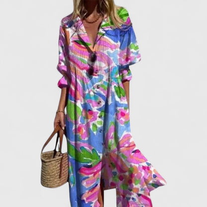 Kendra Women's V Neck Maxi Dress Cotton Button Down