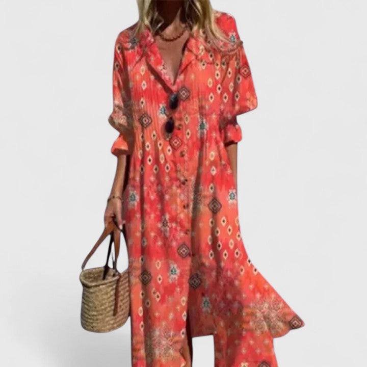 Kendra Women's V Neck Maxi Dress Cotton Button Down