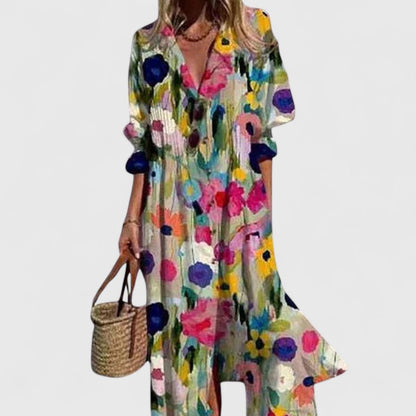 Kendra Women's V Neck Maxi Dress Cotton Button Down