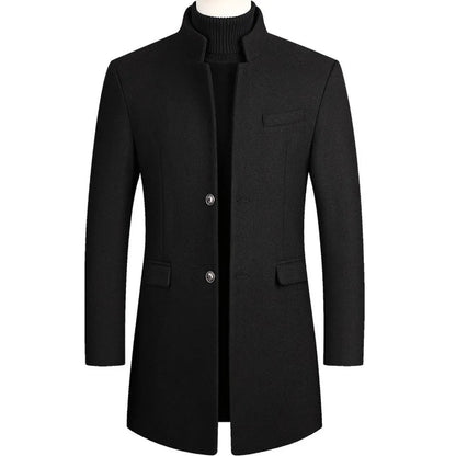 Men's Mandarin Collar Mid-Length Overcoat - Fashinoza