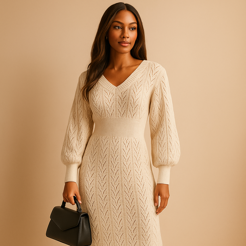 Women's V-Neck Knitted Dress Long Sleeves - 
Fashinoza