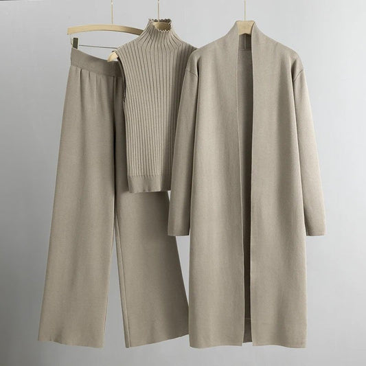 Women's Knit Three Piece Set Cardigan Pants - Fashinoza