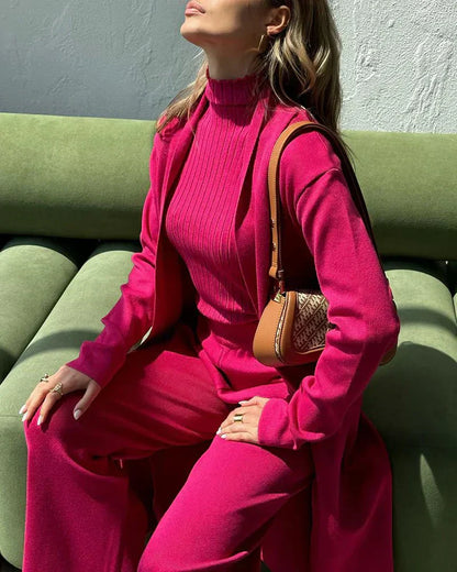 Women's Knit Three Piece Set Cardigan Pants