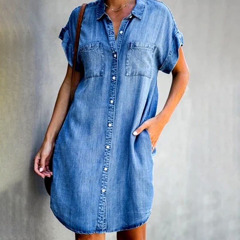 Women's Denim Mini Dress Button-Down Blue - Fashinoza