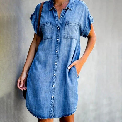 Women's Denim Mini Dress Button-Down Blue - Fashinoza