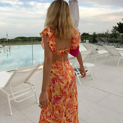 Women's V-Neck Ruffle Midi Dress - 
Fashinoza