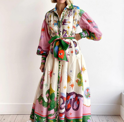 Women's Printed Maxi Dress Shirt - Fashinoza