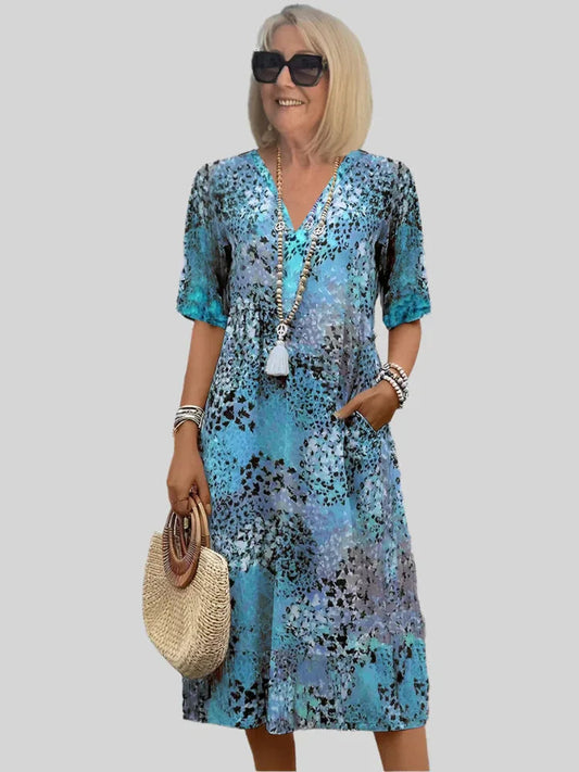 Women's V-Neck Midi Casual Dress - 
Fashinoza