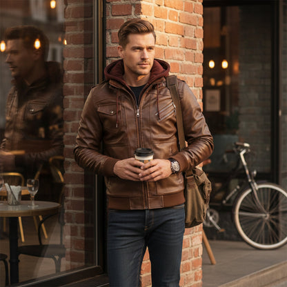 Men's Leather Hooded Jacket With Pockets
