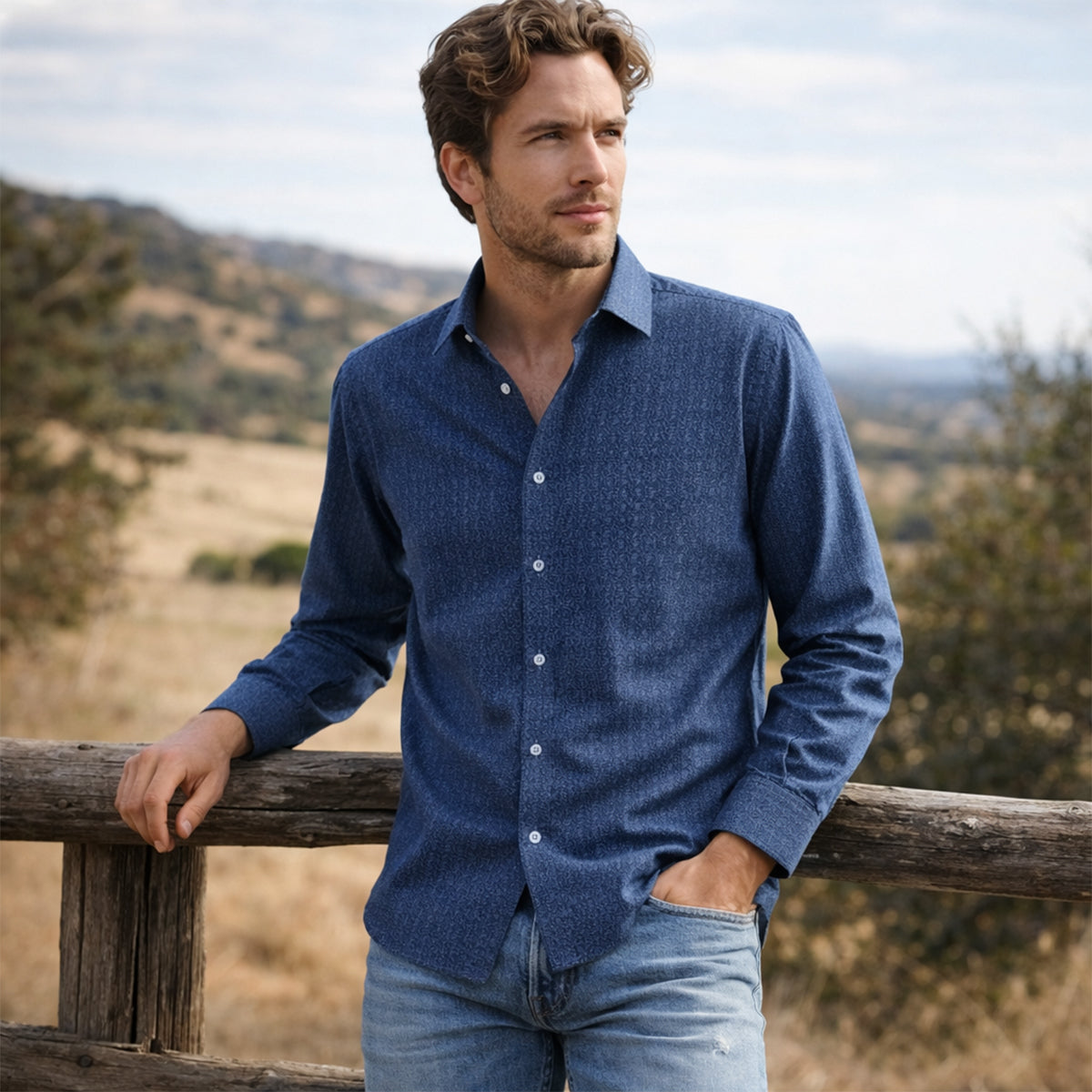 Men's Western Vintage Denim Shirt Two Tone Patchwork