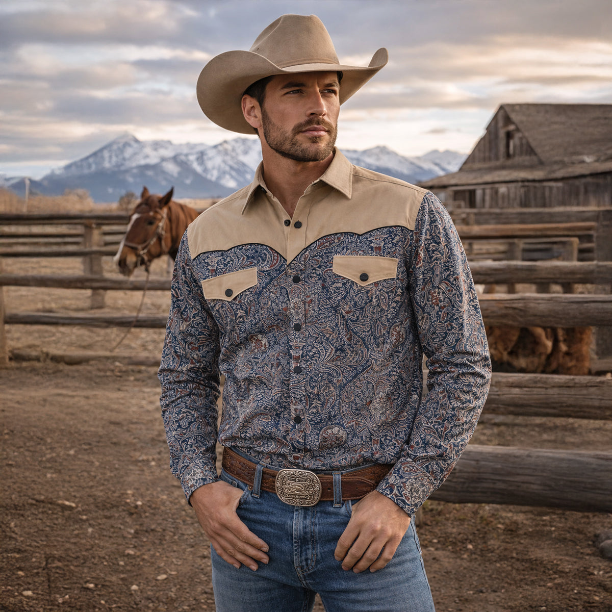 Men's Western Denim Shirt Soft Two Tone Patchwork Blue
