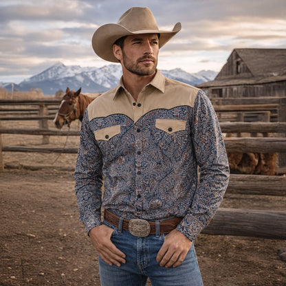 Men's Western Denim Shirt Soft Two Tone Patchwork Blue