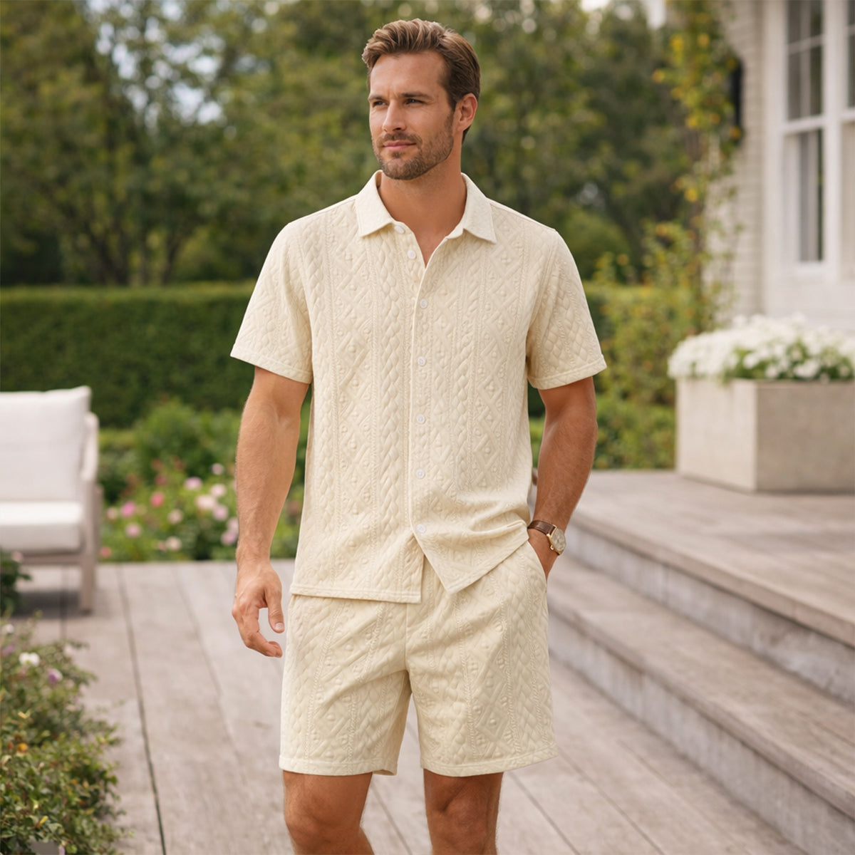 Men's Textured Summer Shirt And Shorts Set