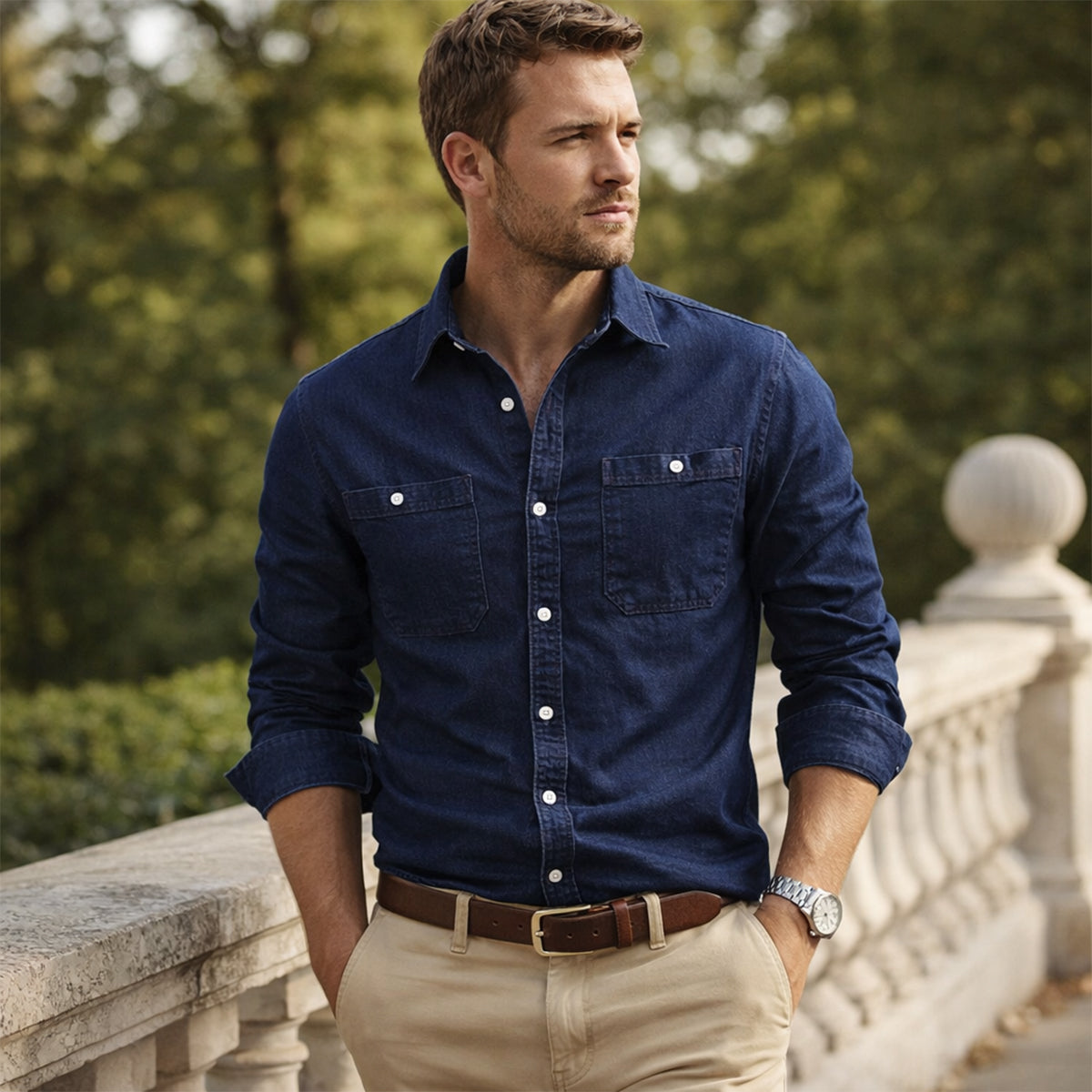 Men's Slim Fit Denim Shirt Double Pockets Blue