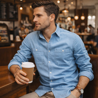 Men's Slim Fit Denim Shirt Double Pockets Blue