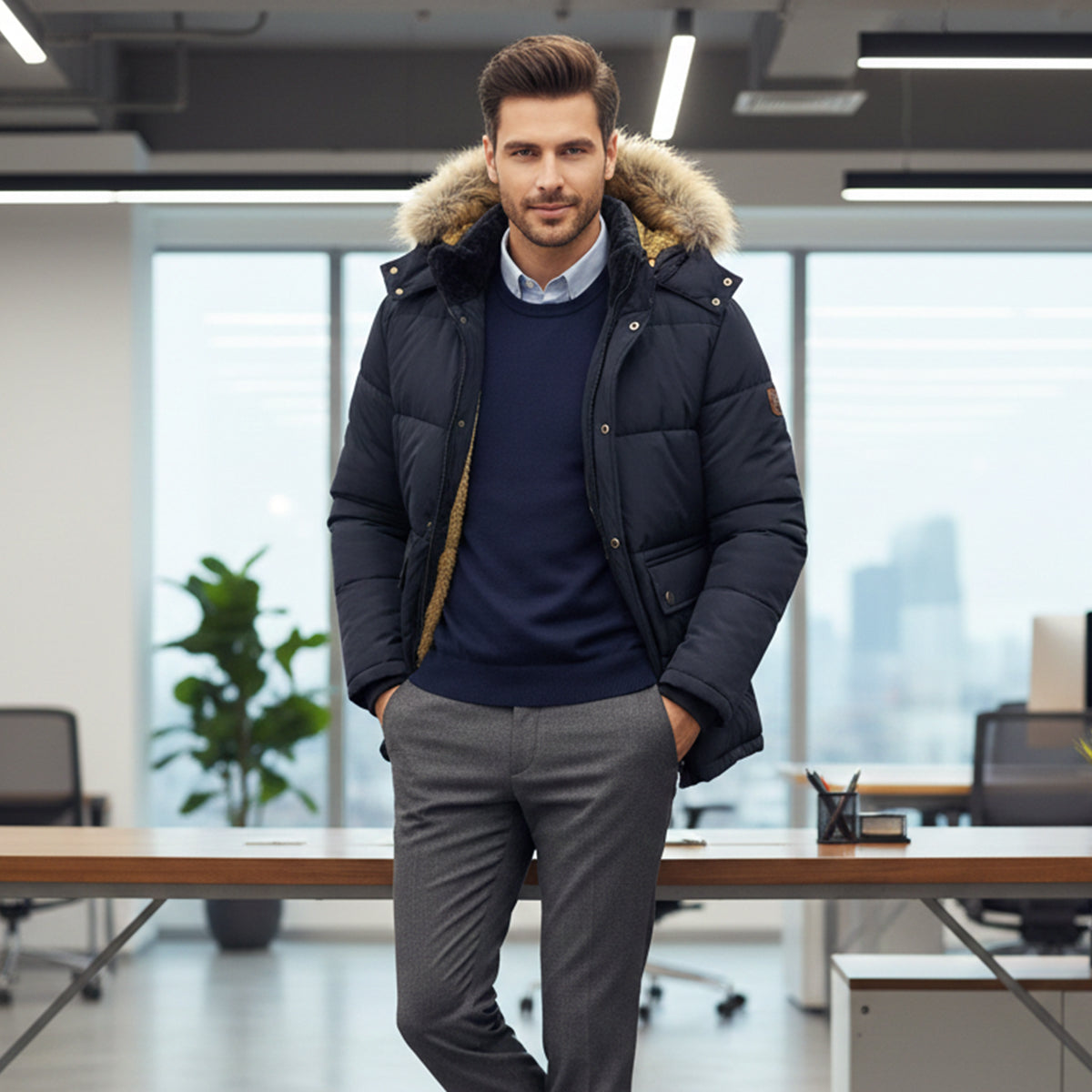 Men's Winter Parka Jacket Fur Collar Warm