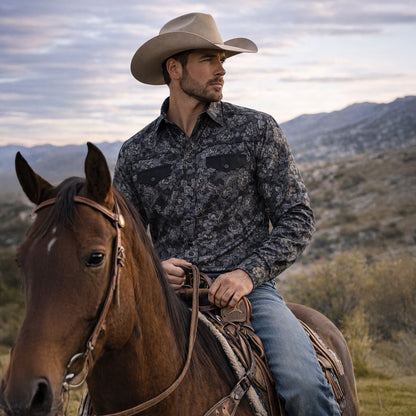 Men's Western Denim Shirt Soft Two Tone Patchwork Blue
