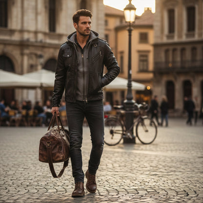 Men's Leather Hooded Jacket With Pockets