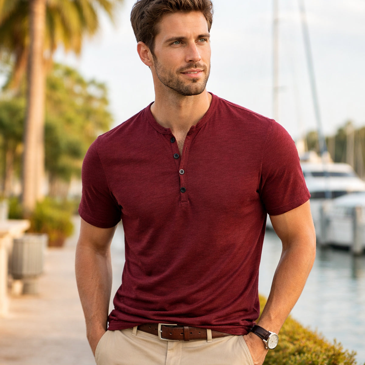 Men's Casual Henley T Shirt Cotton Short Sleeve