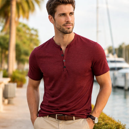 Men's Casual Henley T Shirt Cotton Short Sleeve