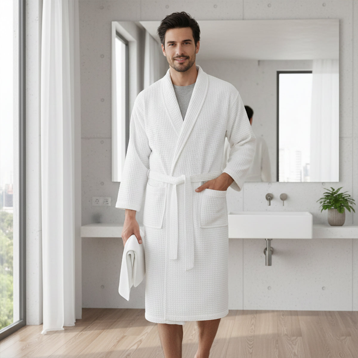 Men's Cotton Waffle Bathrobe Lightweight Navy Blue