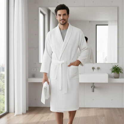 Men's Cotton Waffle Bathrobe Lightweight Navy Blue