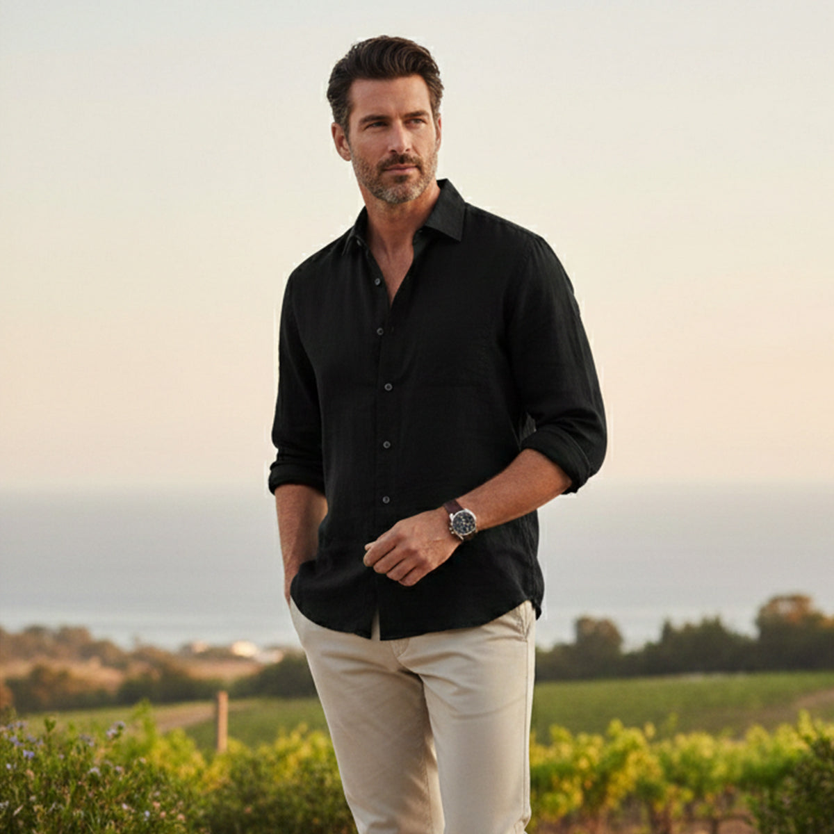 Men's Casual Cotton Linen Shirt Relaxed Fit
