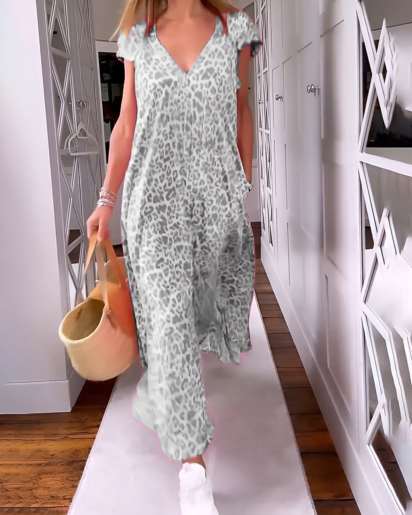 Women's V Neck Printed Dress Short Sleeve Loose Fit
