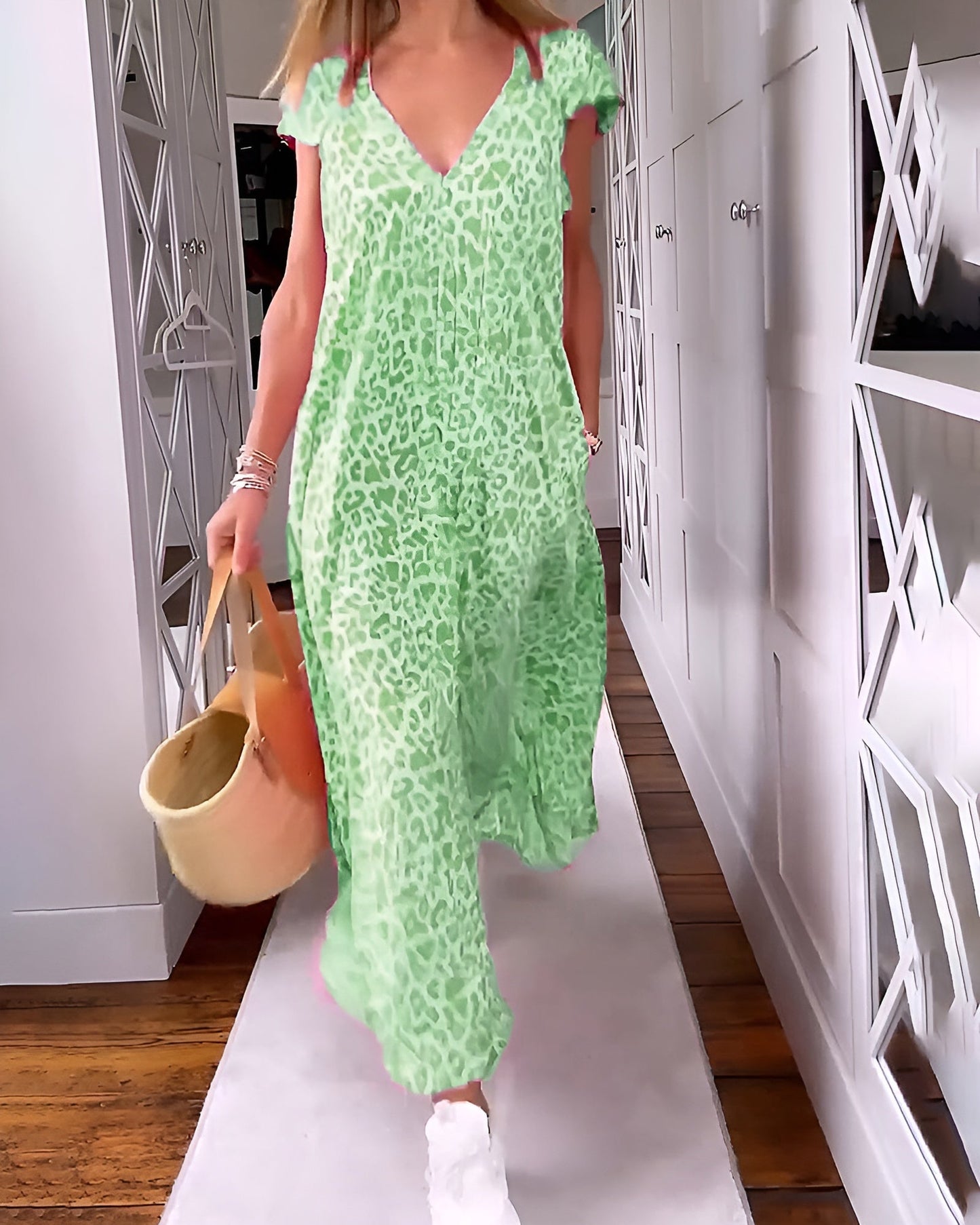 Women's V Neck Printed Dress Short Sleeve Loose Fit