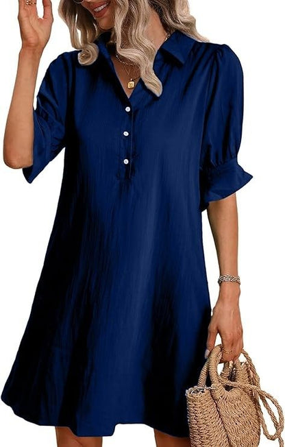 Women's Button Down Shirt Dress 3/4 Sleeve Knee Length