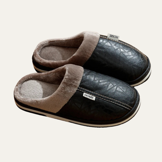 Men's Leather Mule House Shoes Fur Lined Warm Brown - Fashinoza